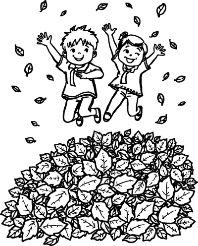 A boy and a girl jumping with arms up above a big pile of leaves as more leaves fall.