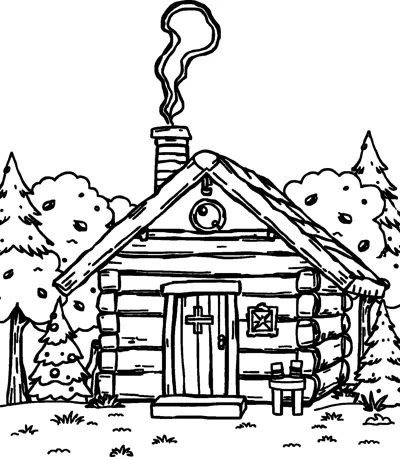A log cabin with a smoking brick chimney, a wooden door and trees on either side.