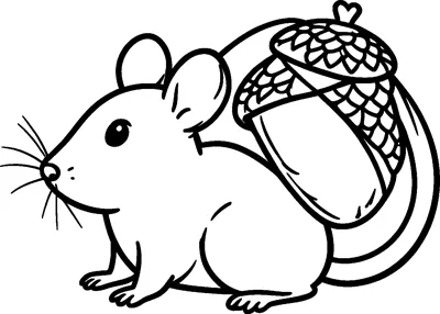 A small mouse with round ears and long whiskers carries a huge acorn with a scaly cap on its back.