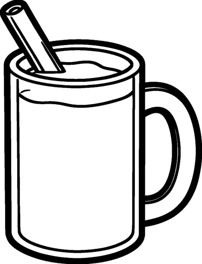 A tall mug with a round handle filled with a warm drink, with a cinnamon stick poking out over the rim.