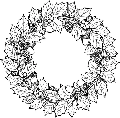 A round wreath made of oak leaves, acorns, pine cones and clusters of berries.