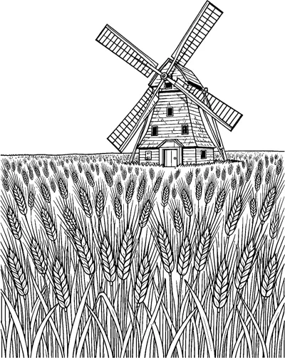A wooden windmill with four lattice sails stands on the horizon behind a wide field of tall, ripe wheat.