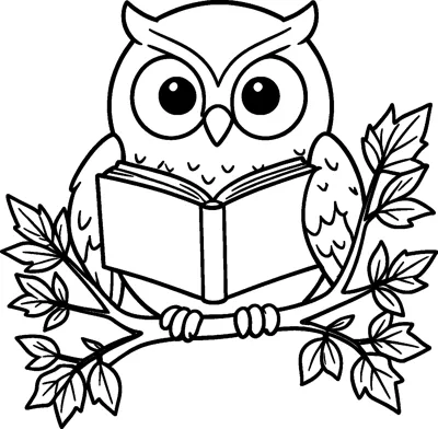 A wide-eyed owl holding an open book while perched on a branch with jagged leaves on both sides.