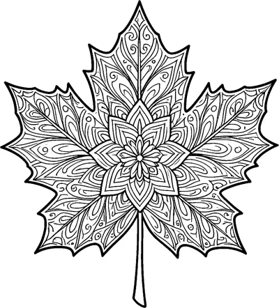 A large maple leaf filled with swirling mandala patterns and a flower shape at the centre.