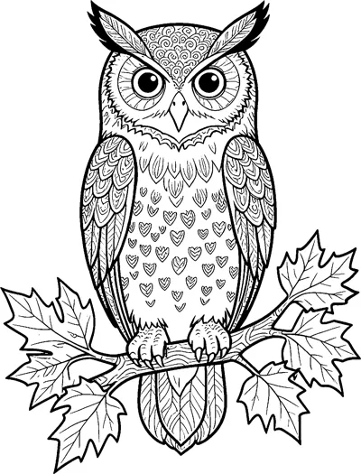 A wide-eyed owl with tufted ears and patterned feathers perches on a branch with large pointed autumn leaves.