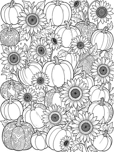 Pumpkins of many sizes and sunflowers with dotted centres are packed together to fill the whole page, some pumpkins decorated with swirls.