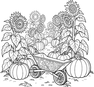 A pumpkin patch with a patterned wheelbarrow in front, plump pumpkins on both sides and tall sunflowers lining a path behind.
