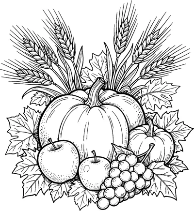A harvest arrangement of a large pumpkin, two apples, a bunch of grapes and a small squash, backed by wheat stalks and leaves.