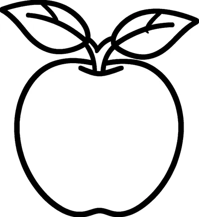 A big round apple with a short stem and two large leaves on top.