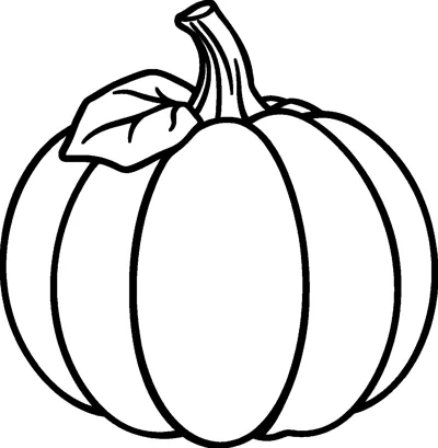 A plump round pumpkin with ridged sections, a curved stem and one leaf.