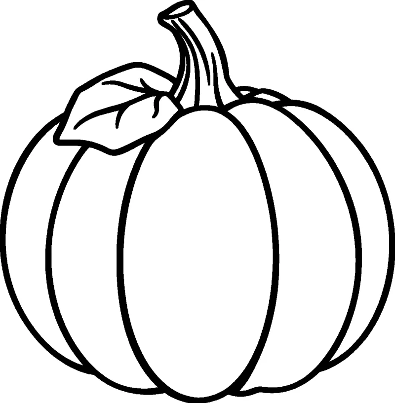A plump round pumpkin with ridged sections, a curved stem and one leaf.