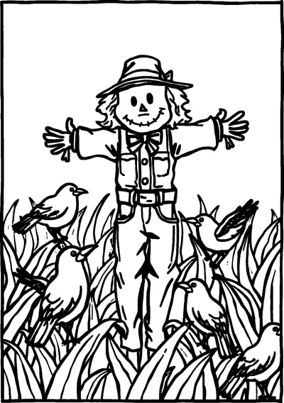 A smiling scarecrow in a hat and overalls stands in tall leaves surrounded by crows.