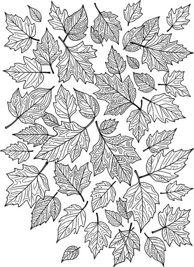 Dozens of maple, oak and pointed leaves are scattered across the page, each filled with veins, swirls and small patterns.