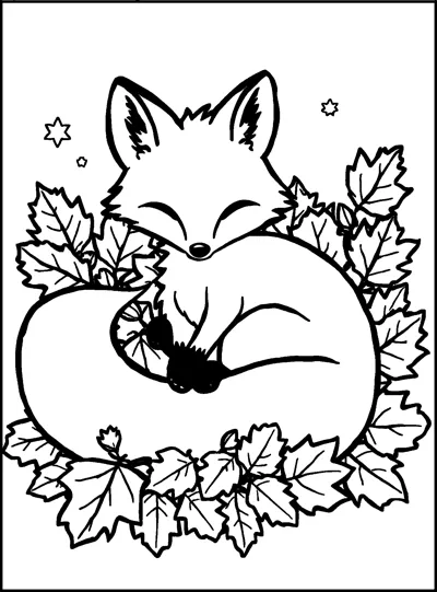 A fox sleeps curled up with its fluffy tail wrapped around it in a nest of leaves.