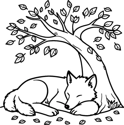A fox curled up asleep at the foot of a tree, with leaves drifting down from the branches and scattered on the ground.