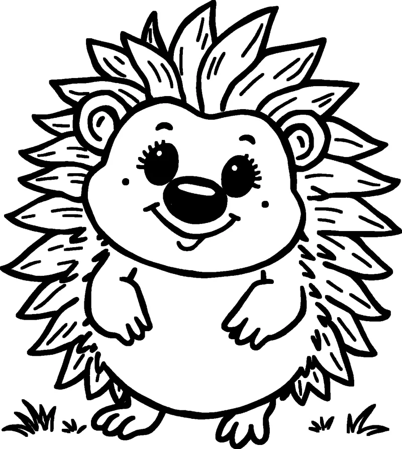 A cheerful hedgehog with big eyes and leaf-shaped spines standing on tufts of grass.