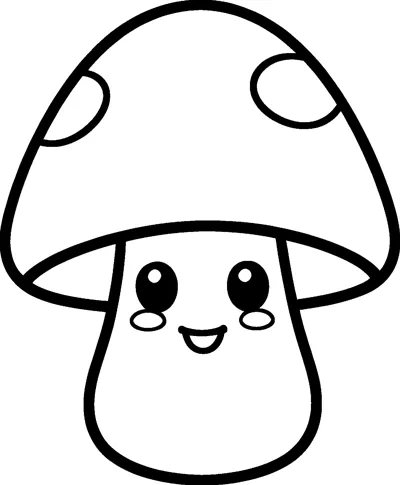 A cute mushroom with a tall spotted cap, big round eyes, rosy cheeks and a small smile.