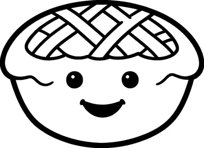 A round pie with a happy face on its dish, dot eyes and a criss-cross lattice of pastry strips on top.