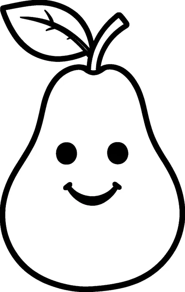 A big smiling pear with round dot eyes, a curved stalk and a single leaf with a few vein lines.