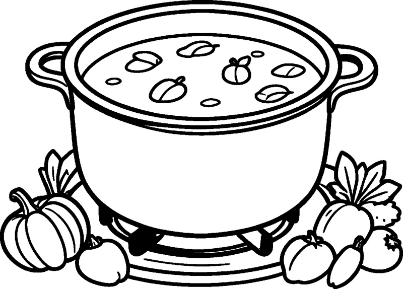 A big pot of soup with two handles sits on a stove ring, with pumpkins and other vegetables piled on each side.