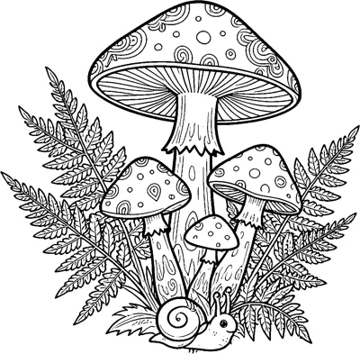 A cluster of four spotted mushrooms with patterned caps grows among feathery ferns, with a little snail at the bottom.