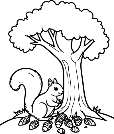 A squirrel with a bushy tail sits beside a tall oak tree with a pile of acorns on the ground.