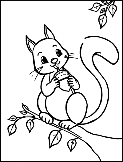 A squirrel with a curly tail sits on a leafy branch holding an acorn to its mouth.