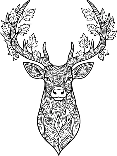A front-facing stag head filled with swirling patterns has wide antlers decorated with pointed autumn leaves.
