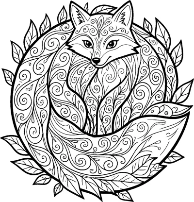 A fox filled with swirls and leaf shapes curls its long tail around into a circle, with leaves ringing the outside.