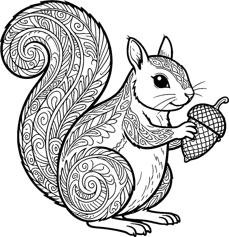 A sitting squirrel holds an acorn in its paws, its big curled tail filled with swirls, feathers and paisley shapes.