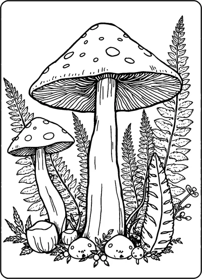 Two tall spotted mushrooms rise among ferns with small round mushrooms at their base.
