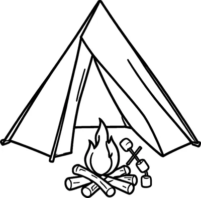 A tall camping tent with an open flap stands behind a crackling campfire of logs, with marshmallows on crossed sticks beside it.