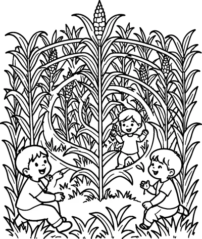 Three smiling children play among tall corn stalks, with curved leaves arching over a grassy path and corn cobs at the top.