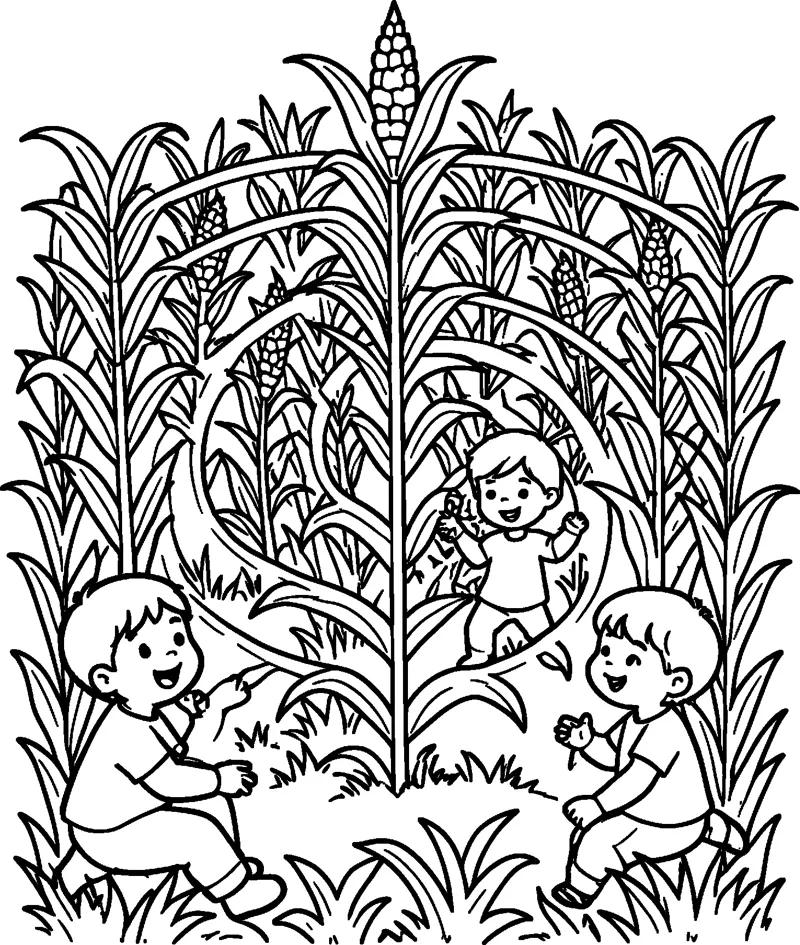 Three smiling children play among tall corn stalks, with curved leaves arching over a grassy path and corn cobs at the top.
