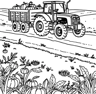 A farm tractor pulling a trailer loaded with pumpkins along a country road beside a pumpkin patch.