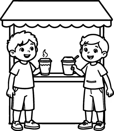 Two smiling boys stand at a small stand with a scalloped awning, holding cups of hot cocoa.