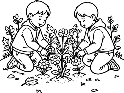 Two children in hooded tops kneel in a garden bed, pressing small flowers into the soil with a fallen leaf nearby.