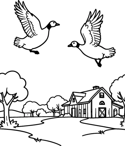 Two geese with outstretched wings fly above a farmhouse, trees and fields.