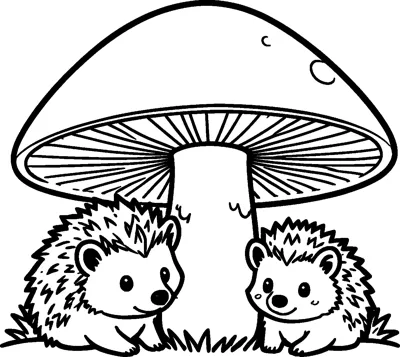 Two little hedgehogs with spiky backs sit on the grass beneath a huge mushroom with a domed cap and lined gills.