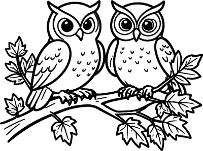 Two wide-eyed owls with feathery ear tufts sit side by side on a branch surrounded by pointed autumn leaves.