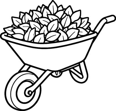 A wheelbarrow with one wheel and a long handle is piled high with leaves.