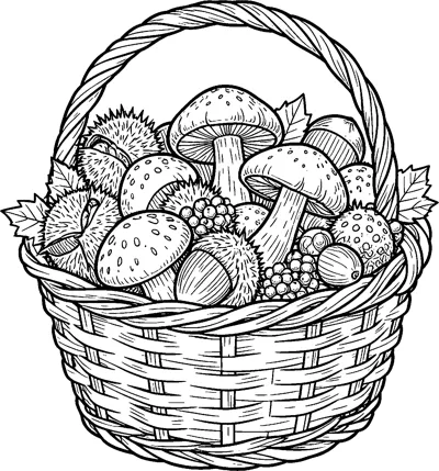 A woven basket with a twisted handle is piled with spotted mushrooms, spiky chestnut cases, nuts, berries and leaves.
