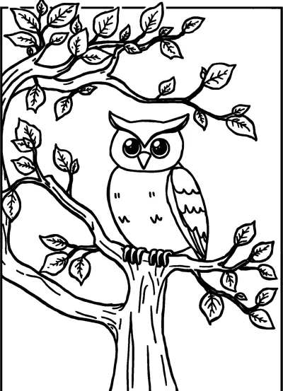 An owl with big round eyes perches on a tree branch surrounded by leafy twigs.