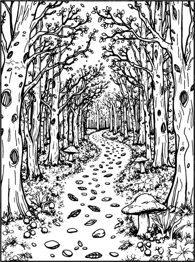 A winding path scattered with leaves and pebbles leads through tall trees past mushrooms.