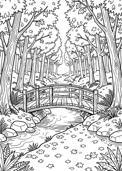 An arched wooden footbridge crosses a winding stream in a forest of tall trees, with leaves scattered over the path and rocks.