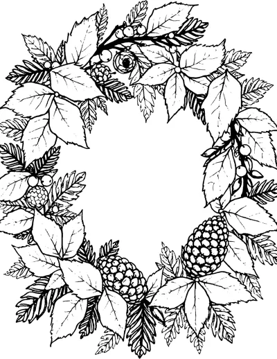 A round wreath made of veined leaves, pine sprigs, small berries and pinecones.