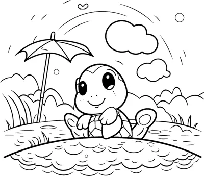 A small round dragon sits on a sandy island by the water with a beach umbrella, clouds and sun.