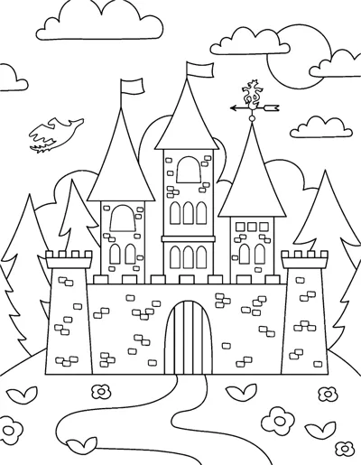 A castle with towers, flags, a gate and a winding path, with clouds and a bird above.