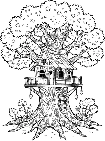 A wooden tree house with a balcony and ladder sits in a huge tree with swirling bark.