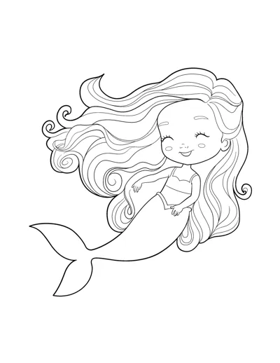 A smiling mermaid with closed eyes and huge wavy hair floats with her tail stretched behind.